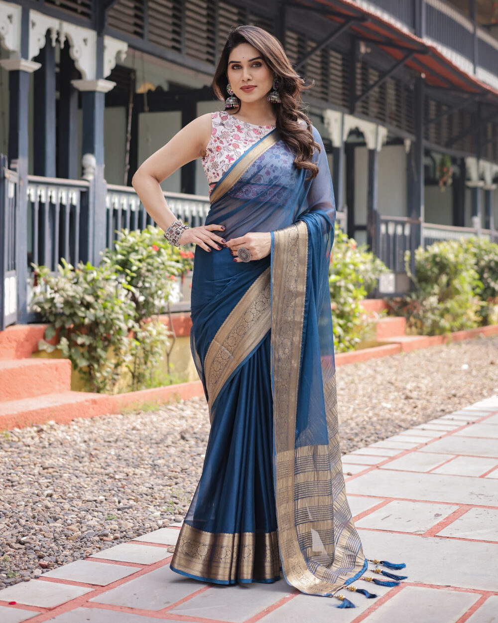 Elegant Navy Blue Chiffon Saree