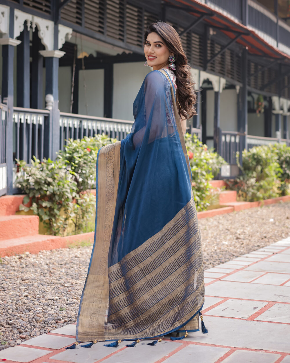 Elegant Navy Blue Chiffon Saree - Image 4
