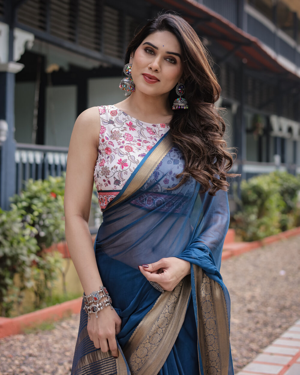 Elegant Navy Blue Chiffon Saree - Image 3