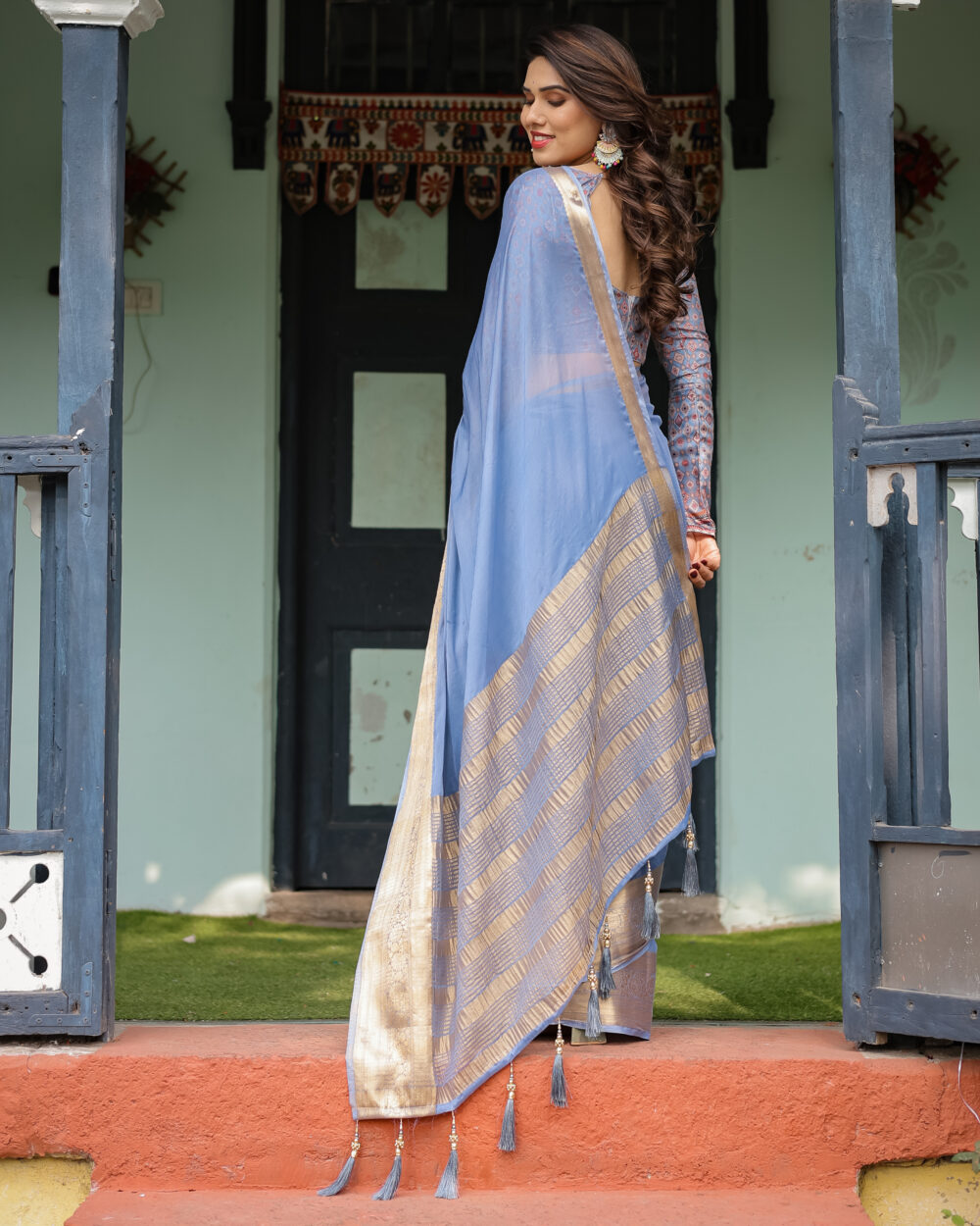 Periwinkle Blue Chiffon Saree - Image 2