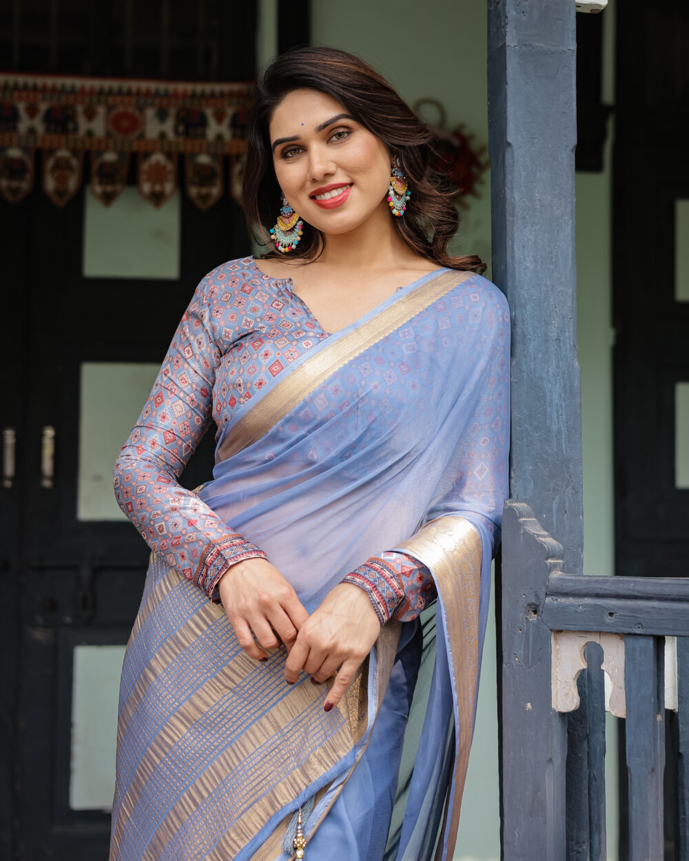 Periwinkle Blue Chiffon Saree - Image 4