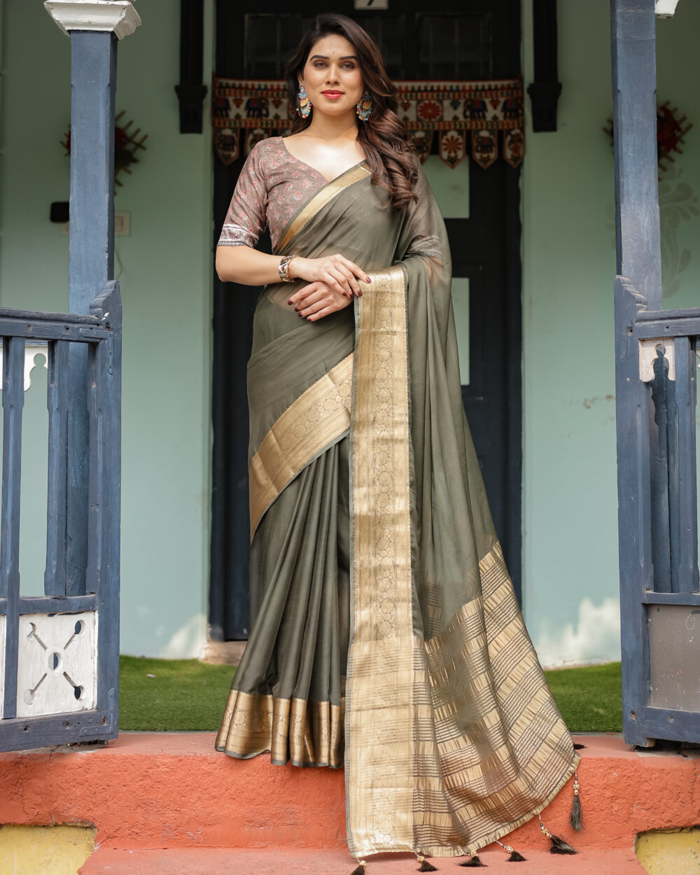 Elegant Olive Green Chiffon Saree