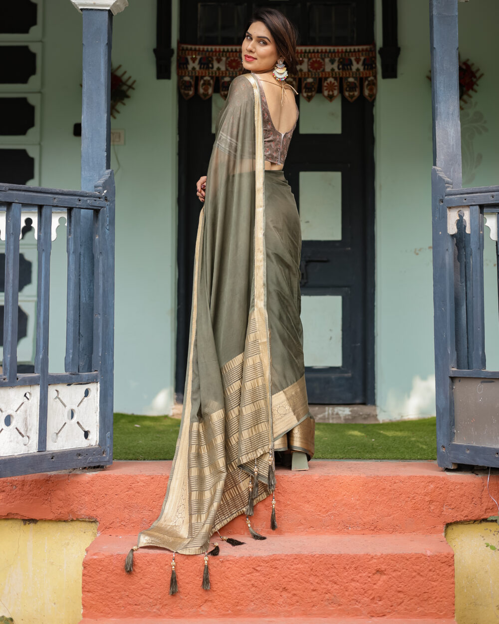 Elegant Olive Green Chiffon Saree - Image 3