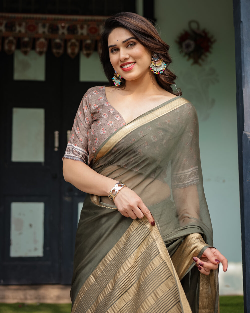 Elegant Olive Green Chiffon Saree - Image 4