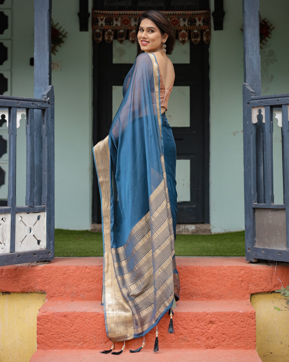 Slate Blue Chiffon Saree - Image 2