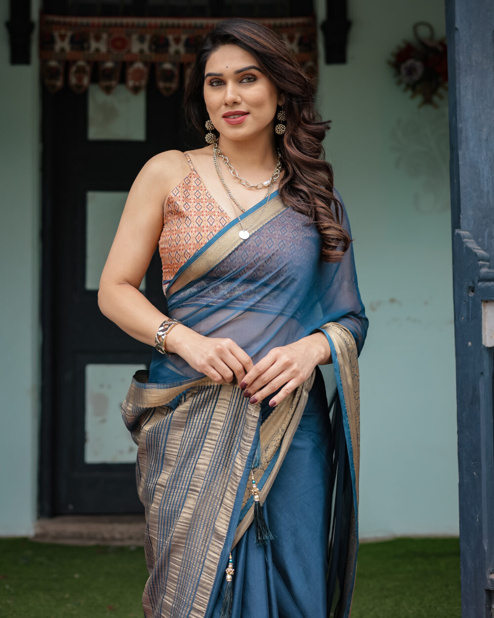 Slate Blue Chiffon Saree - Image 3