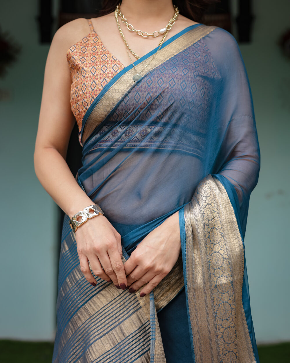 Slate Blue Chiffon Saree - Image 4