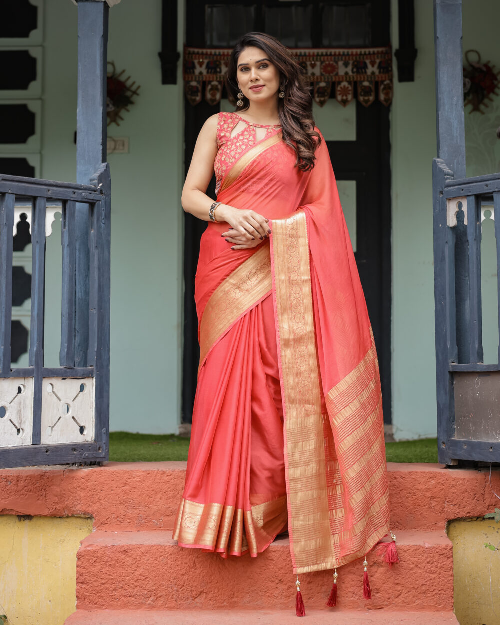 Coral Rose Chiffon Saree