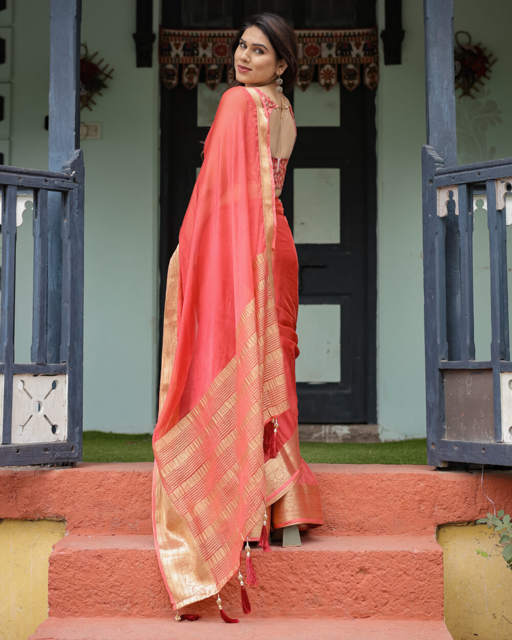 Coral Rose Chiffon Saree - Image 4