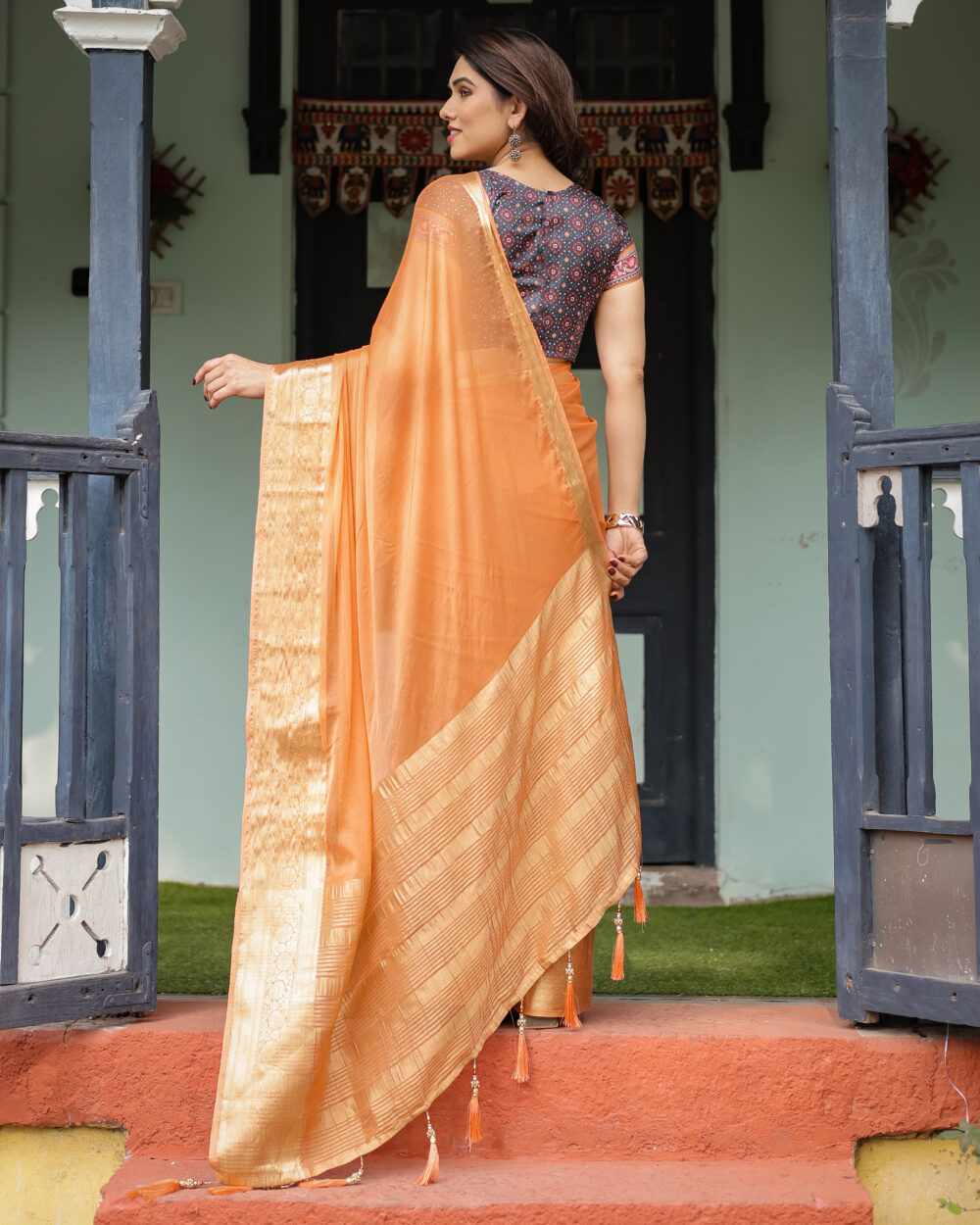 Warm Tangerine Chiffon Saree - Image 2