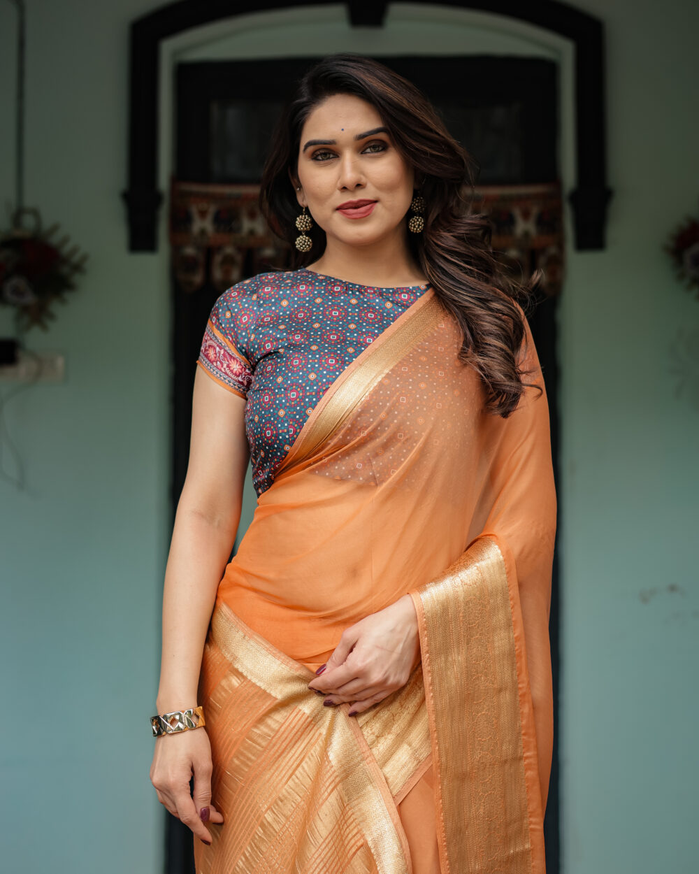 Warm Tangerine Chiffon Saree - Image 4