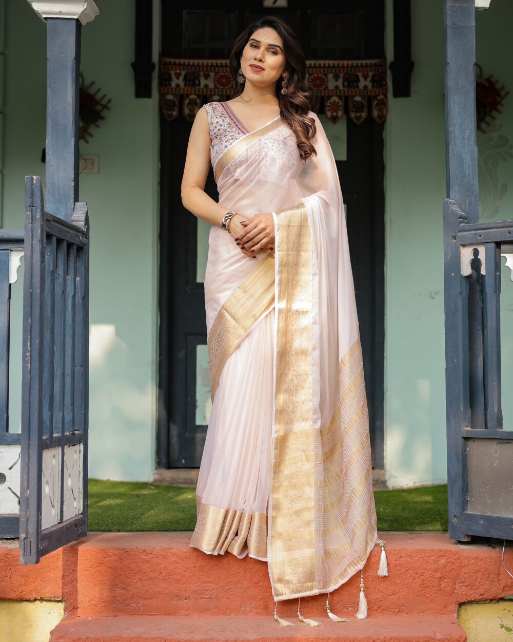Ivory White Chiffon Saree