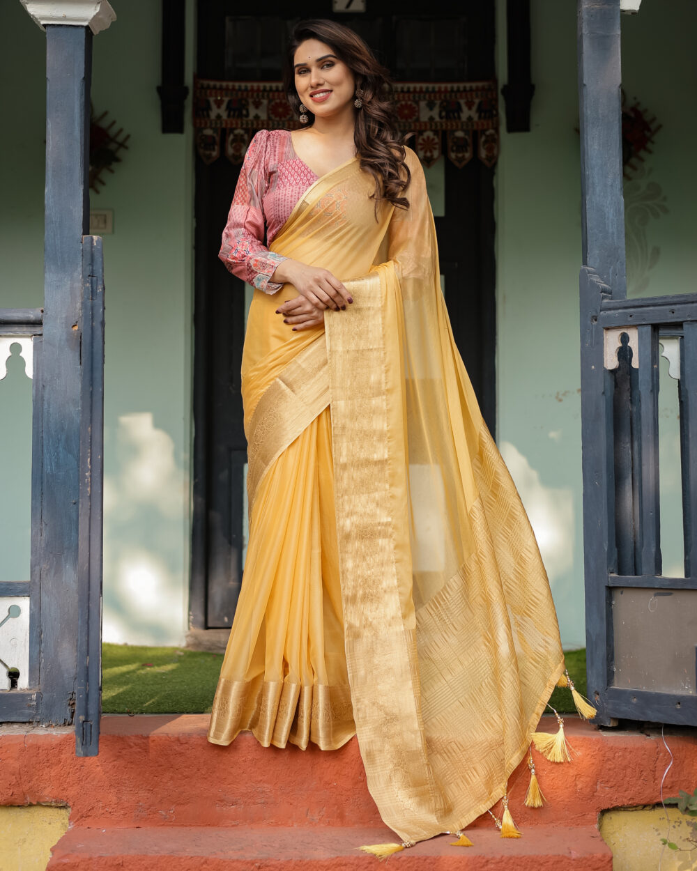 Golden Yellow Chiffon Saree