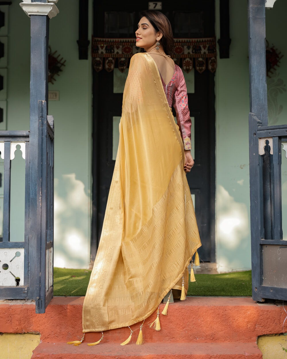 Golden Yellow Chiffon Saree - Image 2