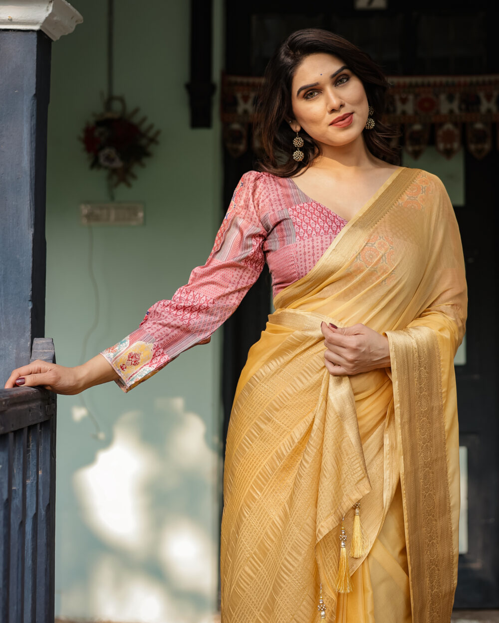 Golden Yellow Chiffon Saree - Image 4