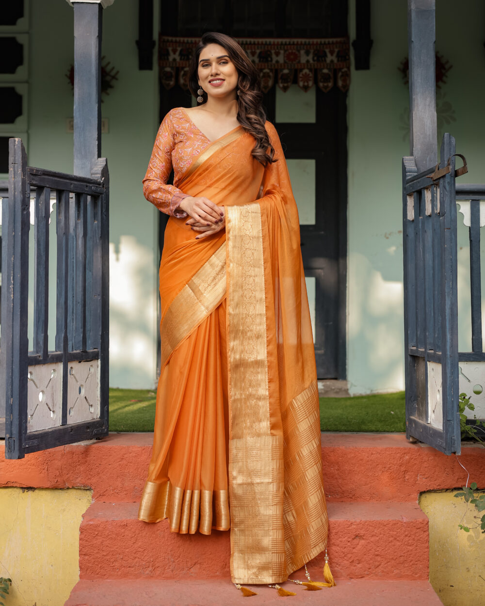 Burnt Orange Chiffon Saree