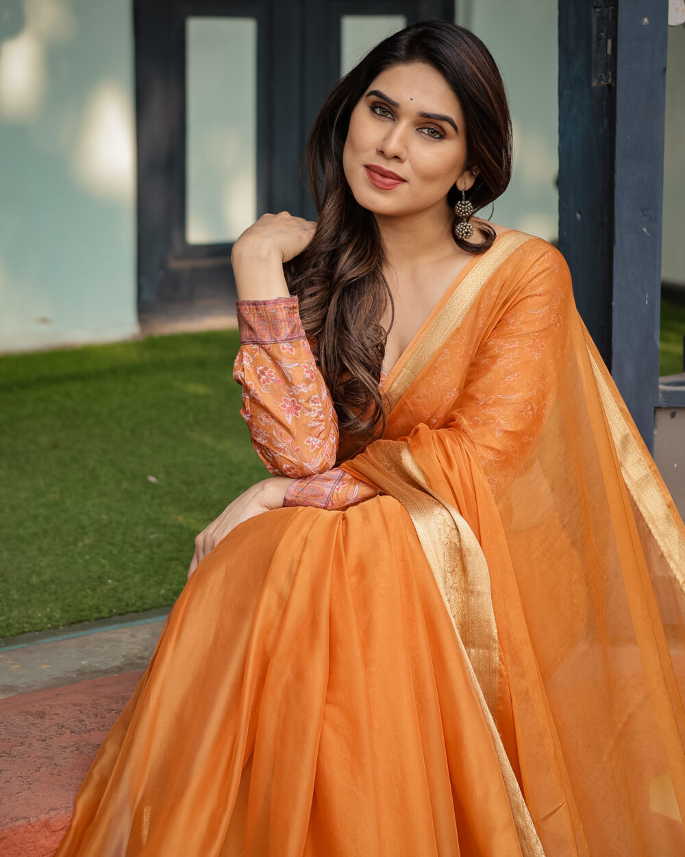 Burnt Orange Chiffon Saree - Image 3