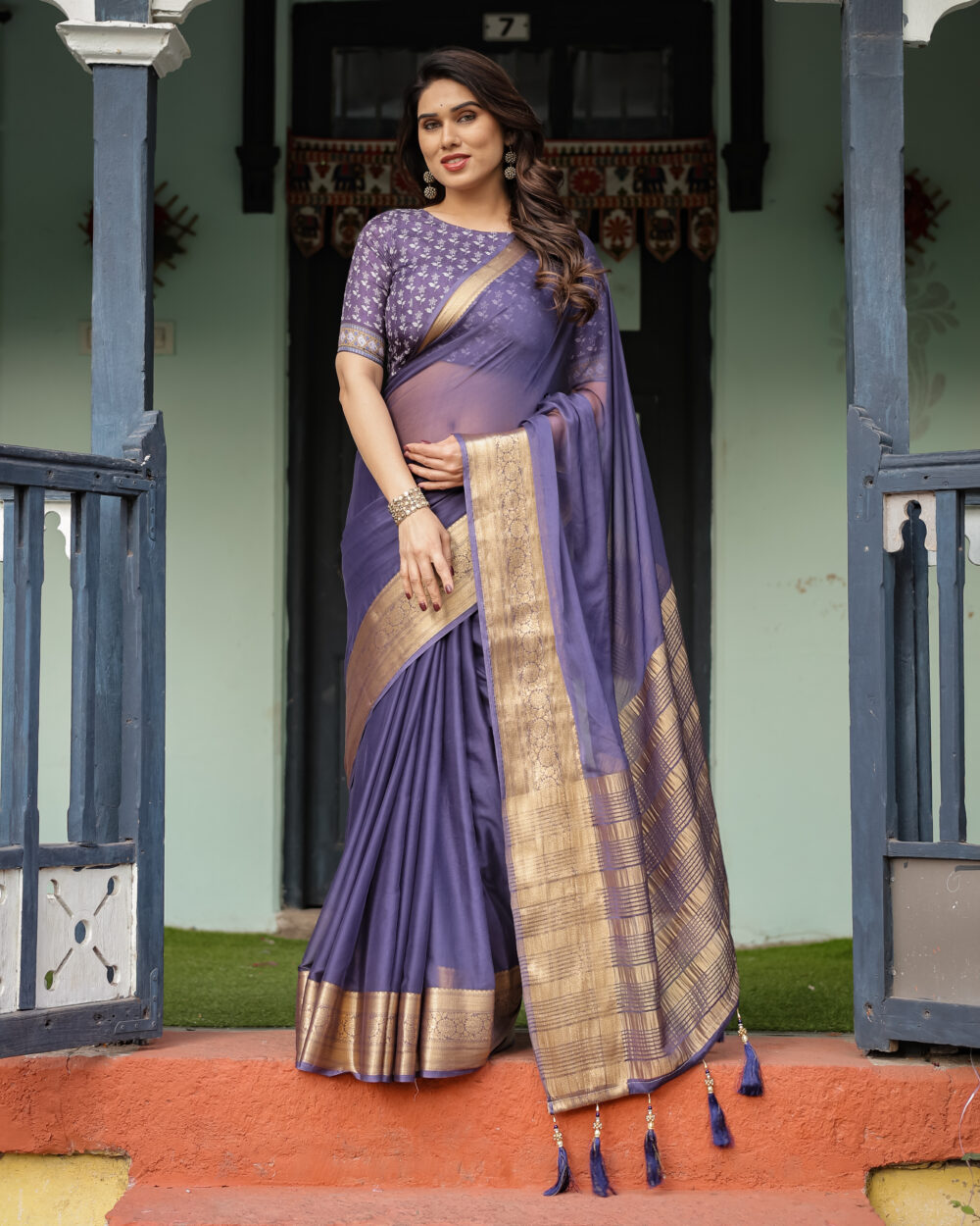 Midnight Purple Chiffon Saree For Womens - Image 4