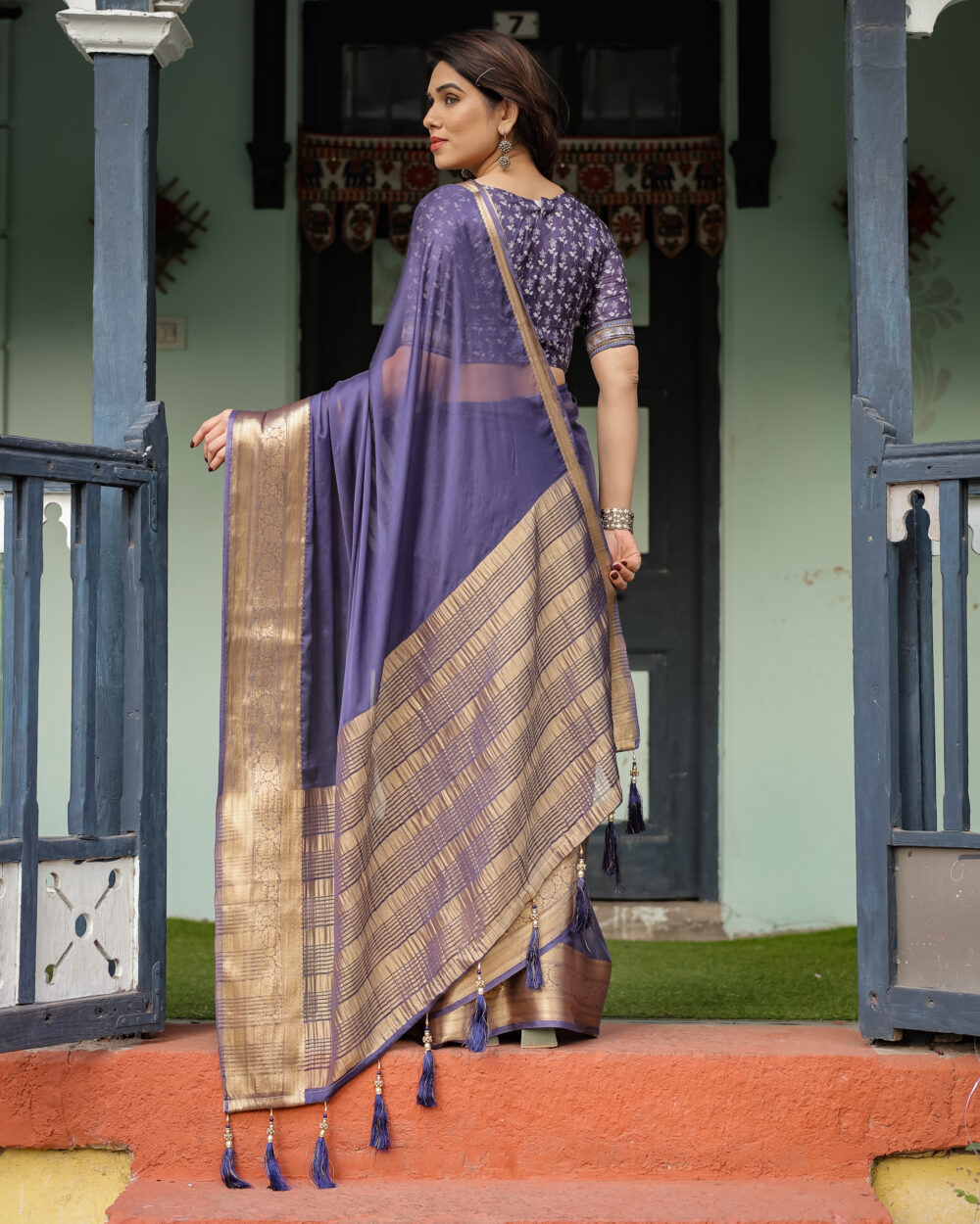 Midnight Purple Chiffon Saree For Womens - Image 3