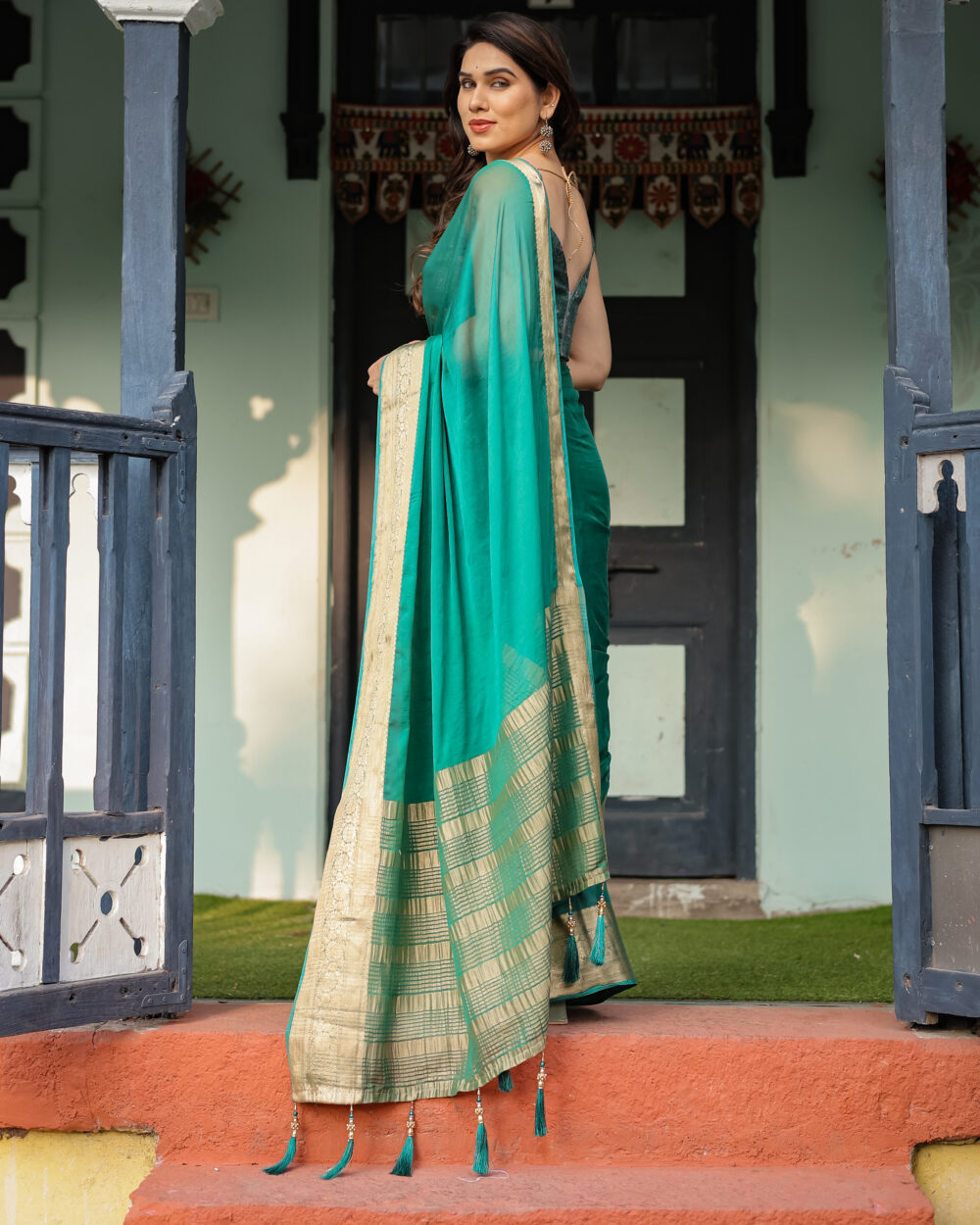 Teal Green Chiffon Saree